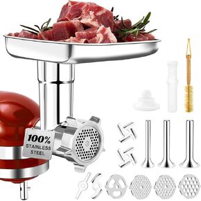 100% Stainless Steel Meat Grinder Attachment for KitchenAid Mixer, Polished Uncoated Spiral Rod Anti-Oxidation, Stamping Process Grinding Plate, Seamless Smooth Sausage Tube, Dishwasher Safe, 18PCS
