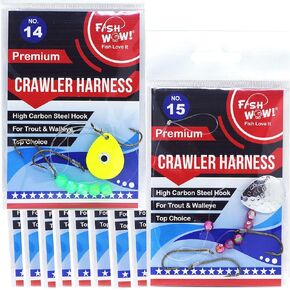 10 Packs 2-Styles Fish WOW!® Fishing 3-Hook Crawler Harness Rig Walleye Spinner Premium Rig #14#15