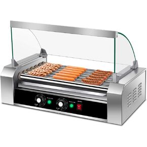 Happygrill Hot Dog Roller Machine, 11 Non-Stick Rollers 30 Sausage Grill Cooker with Removable Stainless Steel Drip Tray and Glass Hood Cover, Hot dog Roller Grill Cooker