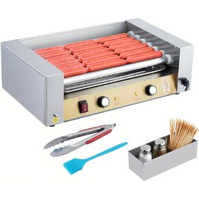 7-Rod Stainless Steel Hot Dog Machine & Sausage Grill with Dual Temperature Control - 360°Rotating Roller Cooker, Removable Drip Tray, Includes Brush & Food Tongs - Commercial/Home Use