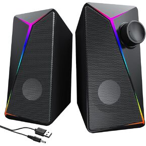Computer Speakers for Desktop PC, USB Powered Gaming Speakers with 2 Bass-Boost Ports, Multi Colorful LED Backlight Modes, Stereo Sound for Gamers Music Movies, 3.5mm AUX Cable