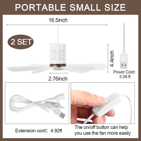 2 Set Portable USB Ceiling Fan for Camping Mini Silent Six Blades Plug in Hanging Ceiling Fan with On/off Button for Camping Bedroom Living Room RV Gazebo Tent Canopy(10.5 Feet Long) in Saudi Arabia