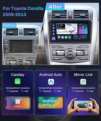 2G+64G for Toyota Corolla 2009 2010 2011 2012 2013 Android Car Stereo with Wireless Apple CarPlay Android Auto, podofo 9'' Touch Screen Bluetooth Car Radio with GPS HiFi Audio WiFi Backup Camera in Kuwait