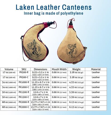 Laken Spanish Bota Bag Leather Canteen Pouch for Wine and Water - Wine Skin Bag with Strap for Travel, Camping, Hiking | Kidney Shape - 1 Liter in Saudi Arabia