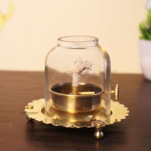 Handmade Decorative Lighting Lantern | Table Top Home Décor Antique-Style Extra-Bright Oil Lamp | Brass Body with Glass Chimney (Medium) in Saudi Arabia
