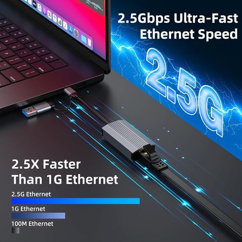2.5G USB C USB 3.0 Ethernet Adapter ، Ethernet Adapter for Laptop ، Aluminium ، Type C (Thunderbolt 4/3 متوافق) لشبكة RJ45 ، متوافق مع NAS ، MacBook Air ، XPS ، iPhone 16/15 Pro in Saudi Arabia