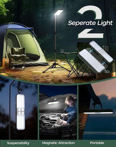 10000lm Dimmable Rechargeable Work Light, 15000mAh Detachable Camping Work Light 72'' Telescopic with 2 Separate Lights, 2 Charge Ways Type C & Solar Powered in Saudi Arabia