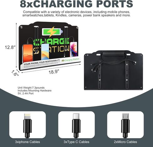 Wall Mount Charging Station with 8 Ports Phone Charger with Type-C,Android Port | Applicable for Applicable Airport Hospitals Banks Hotel and Public Places (Black) in Saudi Arabia