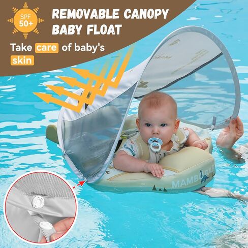 GENTEACO Newest Mambobaby Baby Swim Float with Canopy Non-Inflatable Infant Pool Float with Tail 3-24 Months Avoid Flip Solid Skin-Friendly Material for Toddler Boys Girls in Kuwait