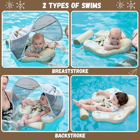 GENTEACO Newest Mambobaby Baby Swim Float with Canopy Non-Inflatable Infant Pool Float with Tail 3-24 Months Avoid Flip Solid Skin-Friendly Material for Toddler Boys Girls in Kuwait