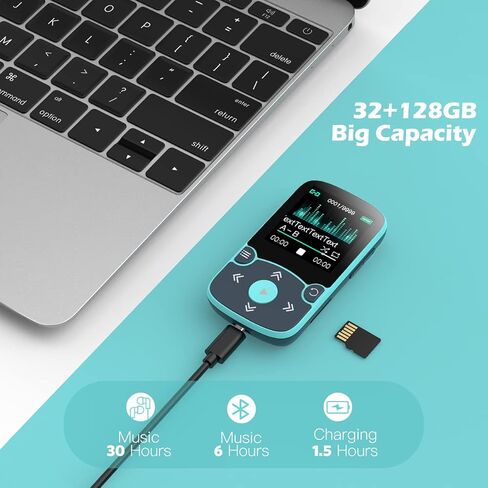 32GB MP3 Player with Clip, AGPTEK Bluetooth 5.0 Lossless Sound with FM Radio, Voice Recorder for Sport Running, Supports up to 128GB TF Card, Blue in Kuwait
