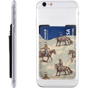 Phone Wallet Stick On, Cell Phone Card Holder Pocket for Back Vintage Cowboys Rodeo Men Horse Western Adhesive Credit Card Holder Non-Slip of Phone Case for All Smartphones, Fit 4 Cards