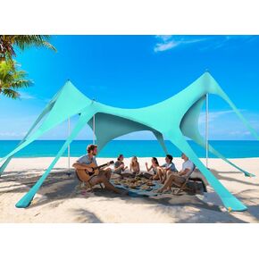 Beach Tent Sun Shelter Sunshade 11x11FT, UPF50+ Beach Canopy Tent Sun Shade with 8 Sandbags & 4 Stability Poles, Outdoor Shade Beach Canopy for Camping, Fishing, Backyard, Picnics (Turquoise)