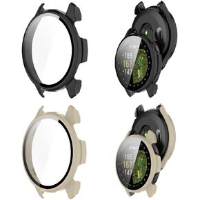 2 Pack Hard PC Cover Case Compatible for Garmin Approach S50,Watch Screen Protector Shell Built-in Tempered Glass Film Full Coverage (black+Milk-White)