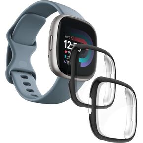 [2 Pcs] Case for Fitbit Versa 4 / Sense 2 Screen Protector Full Coverage Protective Bumper Soft TPU Cover Accessories - [Black+Black]