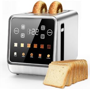2 Slice Toaster Touch Screen 1.5" Wide Slot, Stainless Steel Digital Toaster with Single Slot Toasting, Memory Function, 5 Bread Types & 6 Shade Settings, 900W
