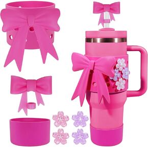Accessories for Stanley Cup 40OZ, Silicone Bow Set Contains Bows Straw Cover, Holey Cups Cover，Cup Boot, Flower Charms and Big Bow(Cherry Blossom)