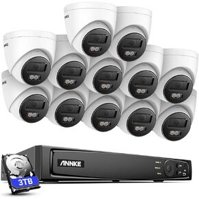 ANNKE PoE Security Camera System, 16CH 12MP NVR, 12X 4K Wired Turret IP Cameras with Smart Dual Light Color Night Vision, Built-in Mic, AI Motion Detection, IP67, Work with Alexa, 3TB HDD Included