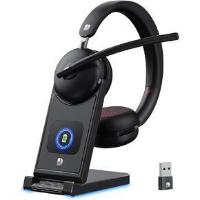 Wireless Headset with Mic for Work-Bluetooth 5.3 Headset with Noise Cancelling, Wireless Headsets with 65Hrs Battery & 10Min Fast Charge, Smart Dock with Digital Display for PC/Computer/Teams