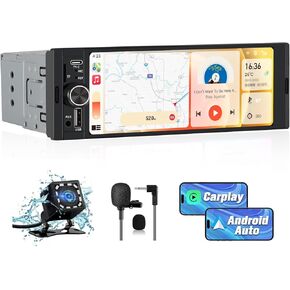 Universal Single Din Car Stereo with Wireless CarPlay & Android Auto, 6.36 Inch IPS Touch Screen Head Unit with Backup Camera/External Microphone, Car Radio Supports Bluetooth/SWC/FM/USB/TF