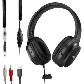 Upgrade Extra Long Cord Headphones for TV & PC with Volume Control, 18 Feet / 5.5M Extension Spring Coiled Cord, 3.5mm AUX with USB & RCA Adapter, Over-Ear Headphone for Smart & Old TVs