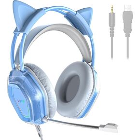 Wantek Cute Cat-Ear Gaming Headset - 50mm Drivers, Noise-Cancelling Mic, 3.5mm Wired Stylish & Lightweight Design (Blue)