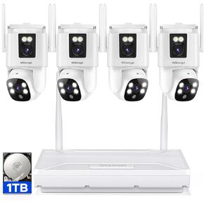 Wireless Security Camera System Outdoor: 4pcs 6MP Dual Lens Dual Screen PTZ Outdoor Cameras with 4K 10CH NVR for Home Security, 1TB HDD, Auto Tracking, Color Night Vision, 24/7 Record