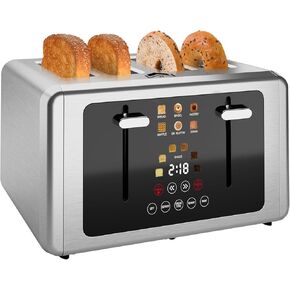 4 Slice Toaster, Touchscreen & Dual Independent Control Panel，5 Basic Functions & Digital Countdown Toasters, 6 Shade Settings＆6 Bread Types, Smart Bread Maker Mute/Screen-Off,Stainless steel