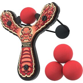 Mischief Maker® Wooden Slingshot - Lil’ Monster Series - Real Wood Slingshot for Kids, 4 Soft Foam Balls and Storage Bag - Ages 4+ (Orange)
