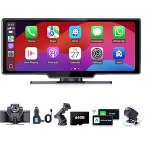 Portable Apple Carplay Screen for Car, 10.26" Pro Max Touch Screen Car Stereo Wireless CarPlay & Android Auto Touch Screen with 4K Dash Cam, 1080P Backup Camera,Voice Control/GPS Navigation