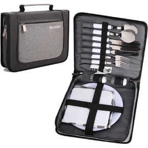 BRONZY Picnic Set Camping Cutlery Organizer Dinnerware Set - Mess Kit,Portable Eating Set with Plates,Spoons,Knives,Wine Opener,Forks,Napkinsc (16pcs/24pcs)