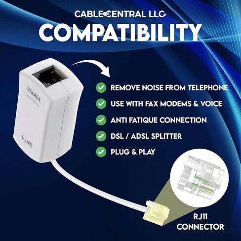 Inline DSL Filter (White) DSL Modem Phone Filter for Answering Machine, Fax Machine, Telephones Landline Cordless - DSL Jack for Interference Elimination and Static Noise Blocker in Kuwait