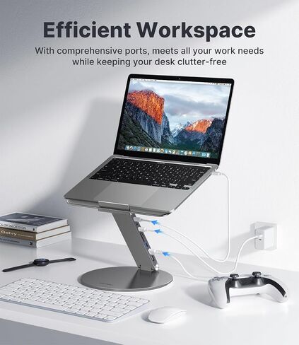 Adjustable Laptop Stand with 8 in 1 USB C Hub, Foldable Portable Computer Notebook Stand with 360° Rotating Base, Riser Holder Mount for All 10-17" Laptops (Gray) in Kuwait