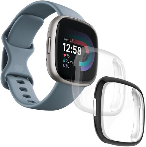 [2 Pcs] Case for Fitbit Versa 4 / Sense 2 Screen Protector Full Coverage Protective Bumper Soft TPU Cover Accessories - [Black+Black] in Saudi Arabia