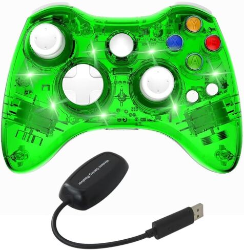 USonline911 2.4Ghz Wireless Gamepad Controller Compatible for Xbox 360 Console, Gaming Joypad with Double Motor Vibration and Built-in with Seven LEDs with Blinking Function - Green in Kuwait