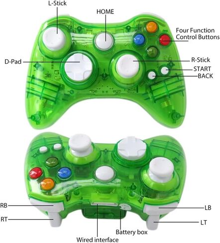 USonline911 2.4Ghz Wireless Gamepad Controller Compatible for Xbox 360 Console, Gaming Joypad with Double Motor Vibration and Built-in with Seven LEDs with Blinking Function - Green in Kuwait