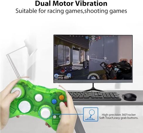 USonline911 2.4Ghz Wireless Gamepad Controller Compatible for Xbox 360 Console, Gaming Joypad with Double Motor Vibration and Built-in with Seven LEDs with Blinking Function - Green in Kuwait