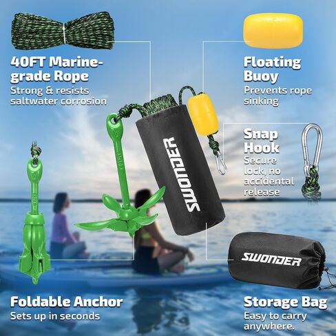 Swonder Kayak Anchor, 3.5lbs Folding Anchor Kit w/ 40ft Rope & Storage Bag, Complete Accessories Kit for Kayak, Paddle Board, Jet Ski and Small Boats in Kuwait