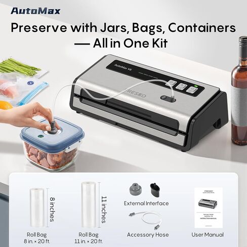 FRESKO Food Vacuum Sealer with Automatic Bag Detection, Double Heat Seal, Built-in Bag Roll Storage & Cutter, 2 Rolls Bags, Starter Kit in Saudi Arabia