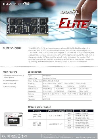 TeamGroup Elite DDR4 32GB KIT (2 × 16 جيجابايت) 2666 ميجا هرتز PC4-21300 CL19 غير متوفرة غير محدودة 1.2V SODIMM 260-PIN الكمبيوتر المحمول. in Saudi Arabia