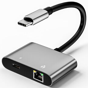 USB C to Ethernet Internet Adapter 2.5Gbps, 2-in-1 Aluminum Type C 3.1 to RJ45 LAN Network Adapter with 60W USB-C PD Charging Port for iPhone 16/15, iPad, Galaxy, Laptop, PC, MacBook, Switch
