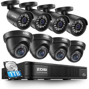 ZOSI 5MP Lite Home Security Camera System Outdoor Indoor, 8 Channel H.265+ CCTV DVR and 8 x 1080p Weatherproof Surveillance Bullet Dome Camera, AI Motion Detection, Remote Access (1TB Hard Drive)