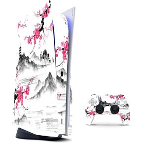 ZOOMHITSKINS Compatible with PS5 Skin, Japan Anime Sakura Pink Vintage White, Durable, Bubble-Free, W/Disk Version, Precisely Cut
