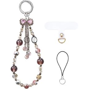 BEEFLYING Crystal Glass Beaded Phone Charms Wrist Strap Detachable Butterfly Cellphone Bracelet Lanyard for Camera Bag (Pink)