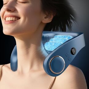 Neck Fan Air Conditioner,Personal Cooling Device,Neck Air Conditioners Portable Neck AC Rechargeable Battery Powered,USB Silent Headphones Round Leafless Necklace Fan for Women Men Azure Blue