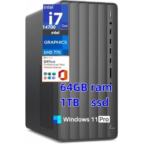 HP Envy Desktop Tower PC, 14th Gen Intel i7-14700(20-Core, Up to 5.4GHz), 64 GB RAM, 2 TB SSD, Intel UHD Graphics 770, Wi-Fi 6, Windows 11 Pro, Microsoft Office Pro Lifetime License, TE01-5002
