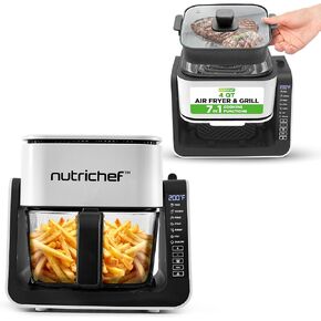 NutriChef 4 QT Air Fryer & Grill | 8-1 Preset Cook Modes | Transparent Fry Bowl for Best Cooking Results | Cook Shrimp, Steak, Fries, Wings & More | 4 QT Glass Air Fryer & 1.2 QT Grill | White