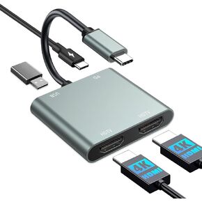 USB C to Dual HDMI Adapter - 4K@30Hz Dual Monitor HDMI Adapter with 100W PD Charging, USB3.0 5Gbps & Thunderbolt 3 Compatible for Laptop/Tablet