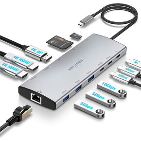 RSHTECH USB C Hub Docking Station Dual Monitor 12 in 1 Triple Display Multiport Adapter with 2 HDMI, 4K DP, 3 USB 3.2 10Gbps, 2 USB 3.0 Ports, 100W PD, Gigabit Ethernet, SD/TF for MacBook, Laptops