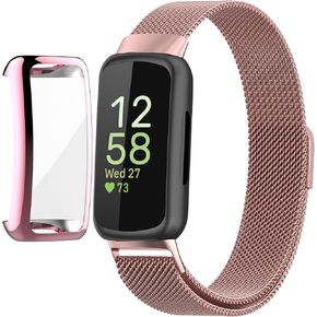 Compatible for Fitbit Inspire 3 Bands with Case, Metal Braided Strap Magnetic Clasp, Stainless Steel Mesh, Soft TPU Bumper Cover for Men Women